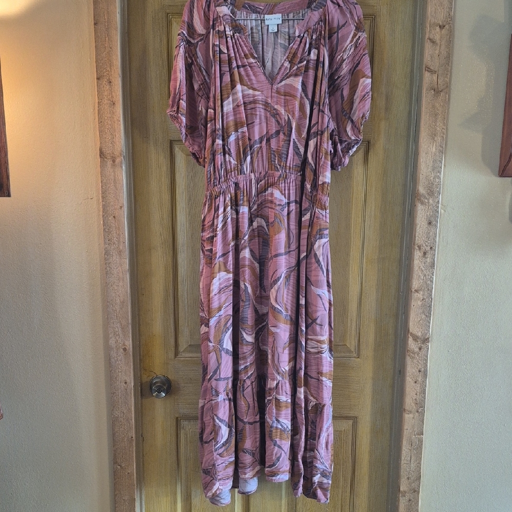 Ava & Viv Pink and Brown Maxi Dress Short Sleeve Tiered Bottom Size 1X Soft